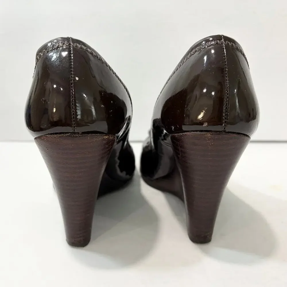 Tory Burch Brown Patent Leather Sally Wedge Pumps